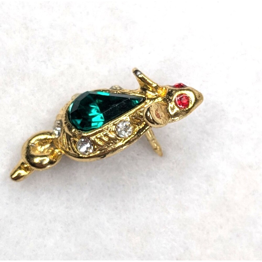 Vintage Brooch Gold-tone Rat or Mouse with Emerald, Ruby colored Stones